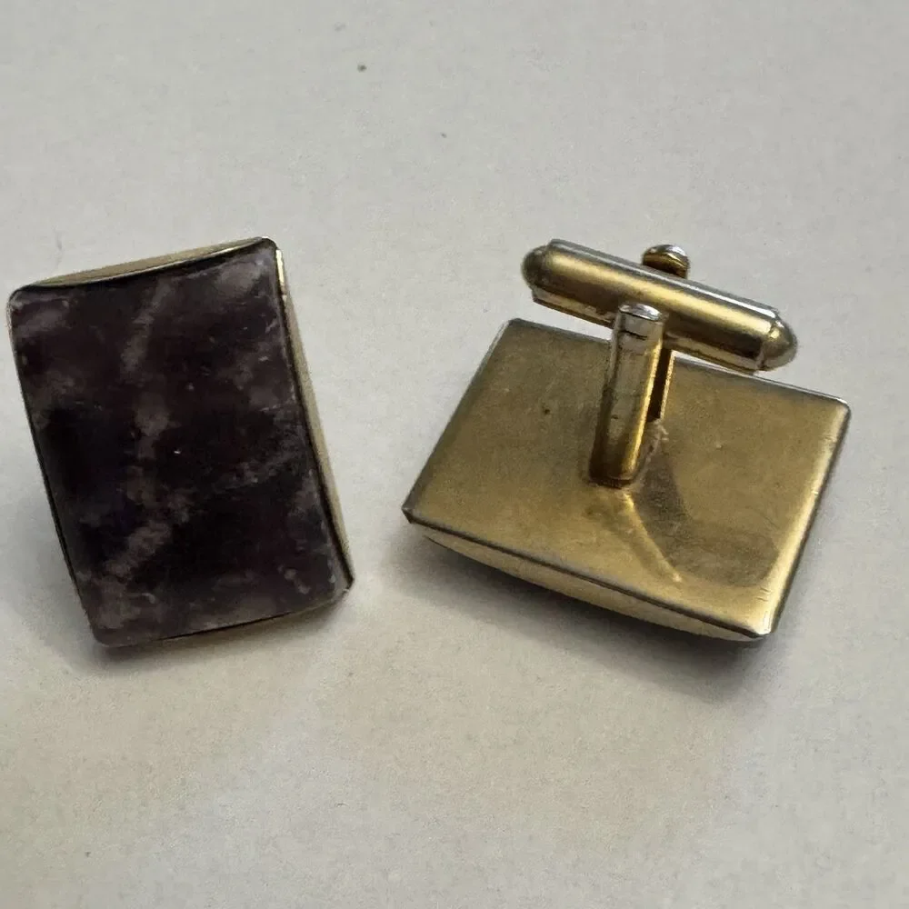 Vintage Purple Stone Rectangle Cufflinks Silver Tone 1 Inch